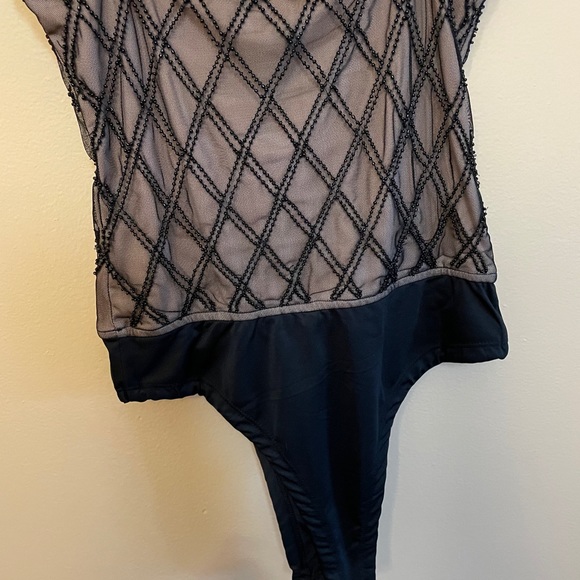 Plunge neck, black sheer beaded bodysuit - Picture 4 of 5